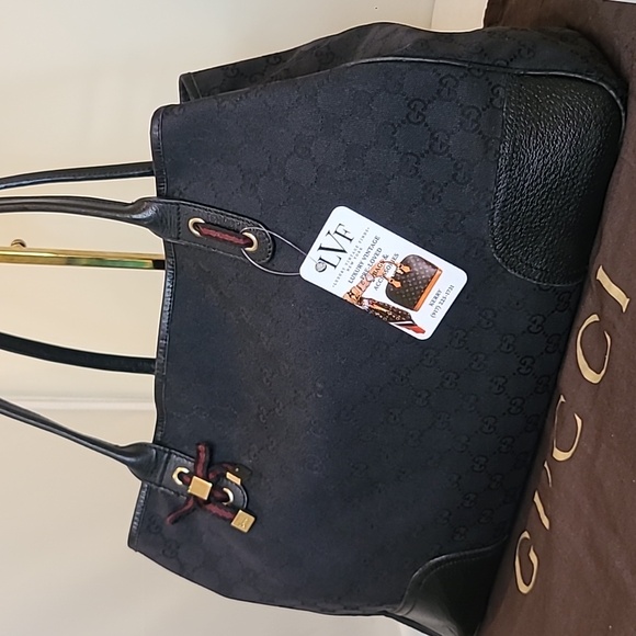 GUCCI 1990'S  VINTAGE GG CANVAS/LEATHER LARGE PRINCY TOTE W WEBBING DETAIL - Picture 6 of 17